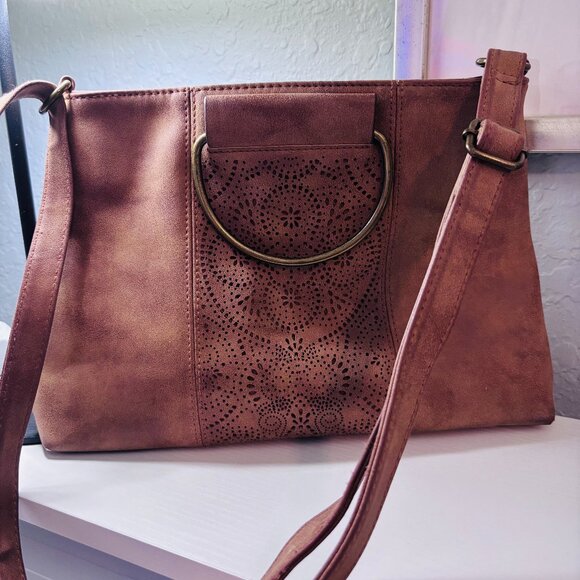 Handbags - Boho Laser Cut Crossbody Bag Cognac Brown Ring Handle Festival Bag